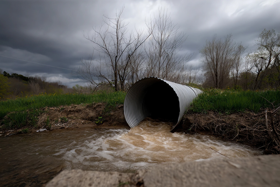 Corrugated metal culvert pipe discharging muddy water into a stream under a dark, overcast sky.