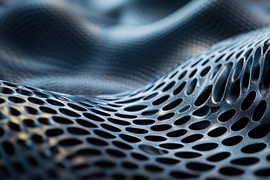 Close-up of a dark, textured, geocomposite material with oval holes and a wavy surface.