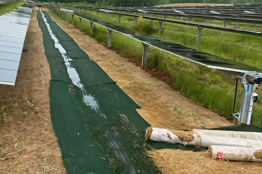 Green turf reinforcement matting and straw waddles installed in a solar farm to prevent erosion between rows of solar panels.