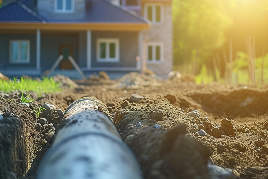 PVC pipe buried in a trench, leading towards a residential house under bright sunlight, indicating plumbing or drainage work.