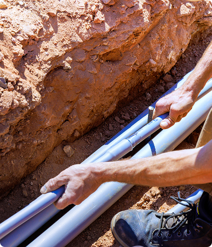 A person's hands installing light grey pipes into a narrow trench dug in reddish-brown earth at a construction site.