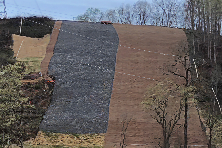 Large hillside covered with alternating dark gray and tan turf reinforcement mats, indicating slope stabilization or erosion control, with trees on the edges.