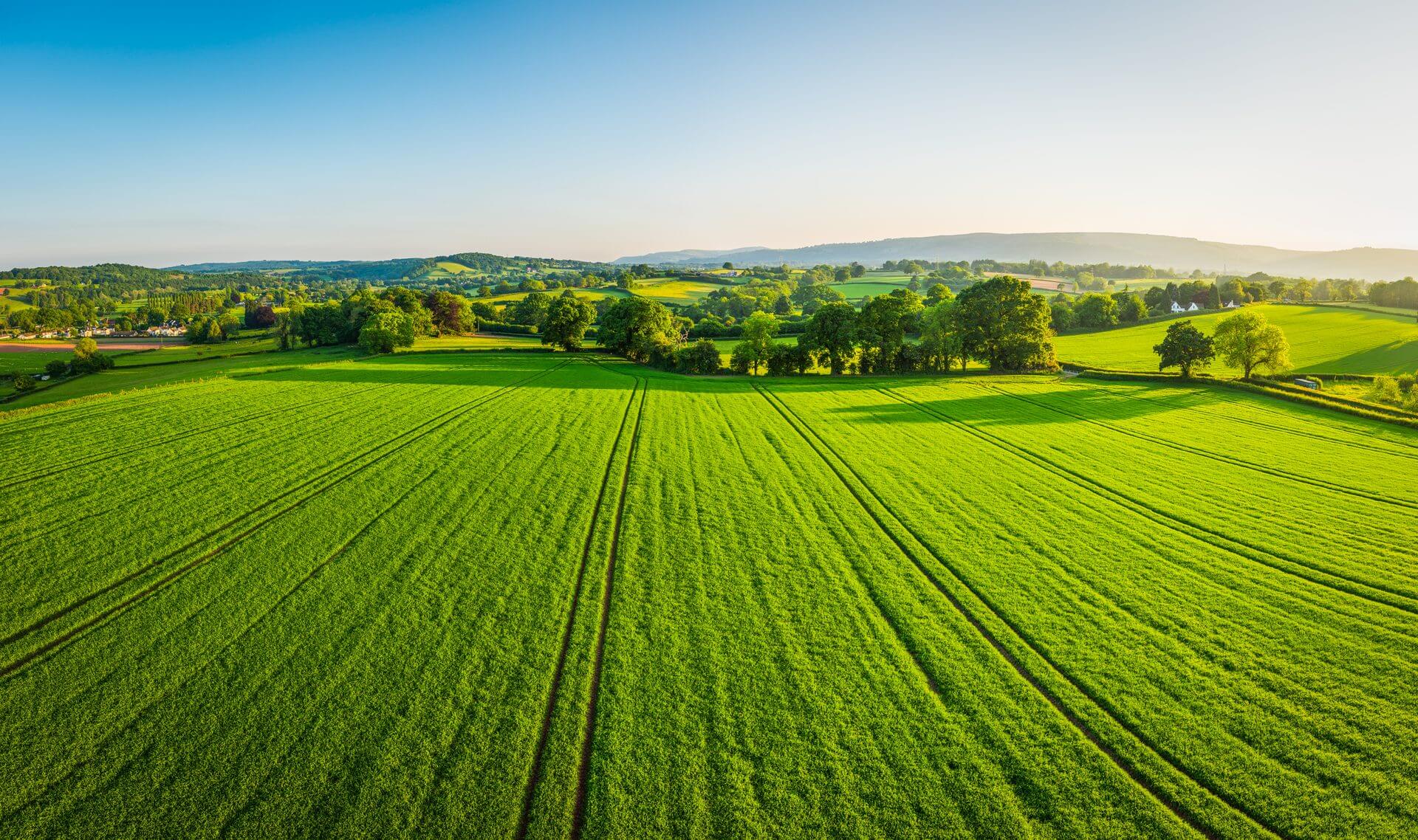 well mowed green field with rolling hills in the background