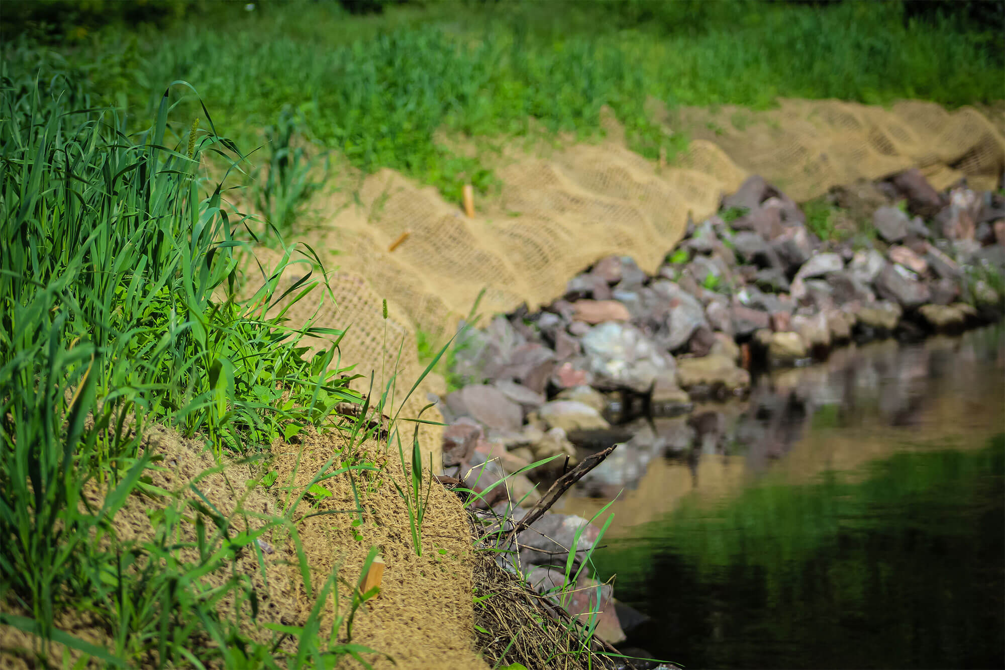 Erosion control blankets cover a grassy bank leading to a water's edge, reinforced by rocks, with green vegetation and trees beyond.